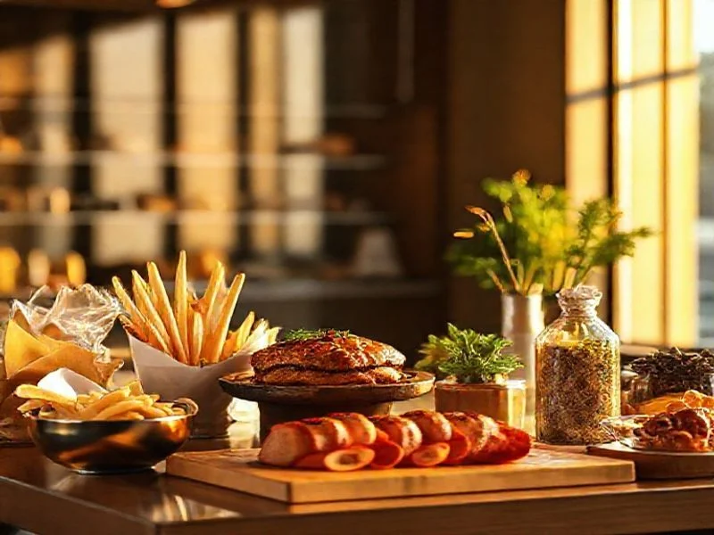 A triptych or dynamic collage of three distinct, mouth-watering signature dishes: a vibrant deconstructed berry pavlova, a perfectly seared steak with an artisanal sauce, and an intricate sushi roll. Each dish is shot from a slightly elevated overhead perspective on elegant, minimalist dinnerware, showcasing individual textures and colors.